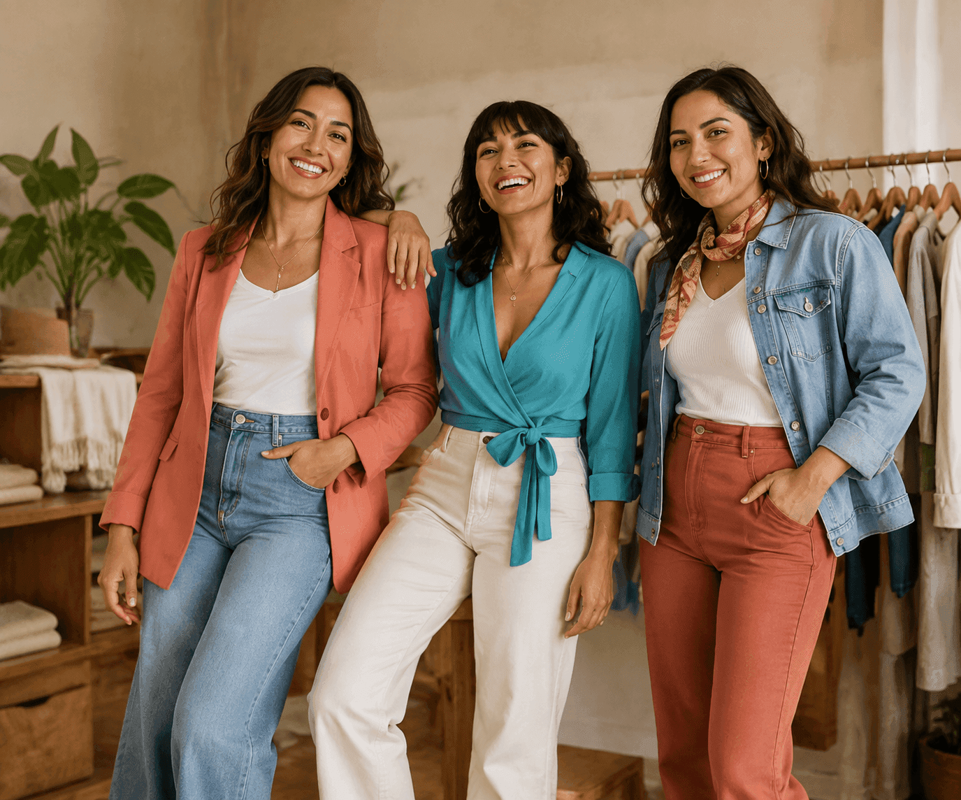 Tres emprendedoras de moda circular compartiendo en una tienda de prendas.
