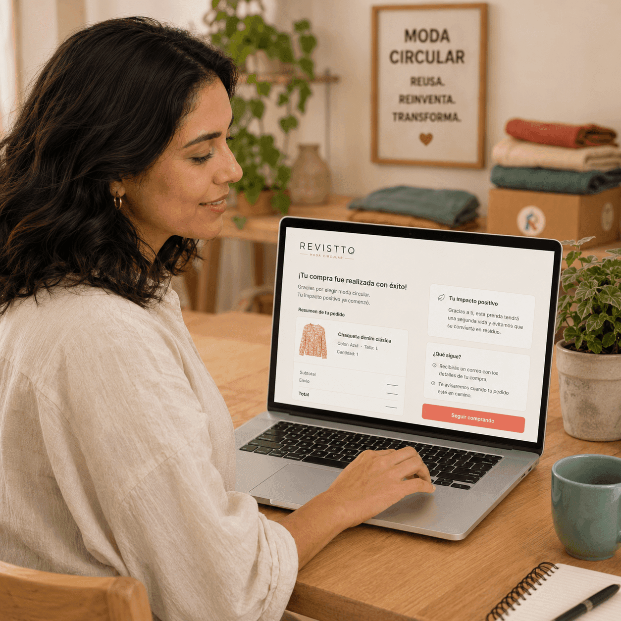 Mujer confirmando la compra de una blusa coral estampada en Revistto.