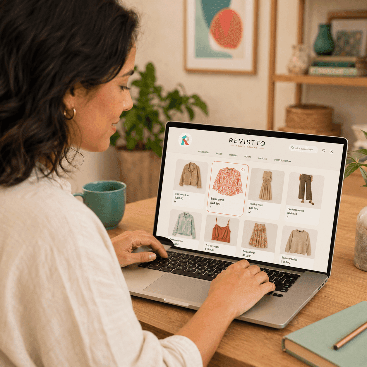 Mujer buscando una blusa coral estampada en el catálogo de Revistto desde su computador.
