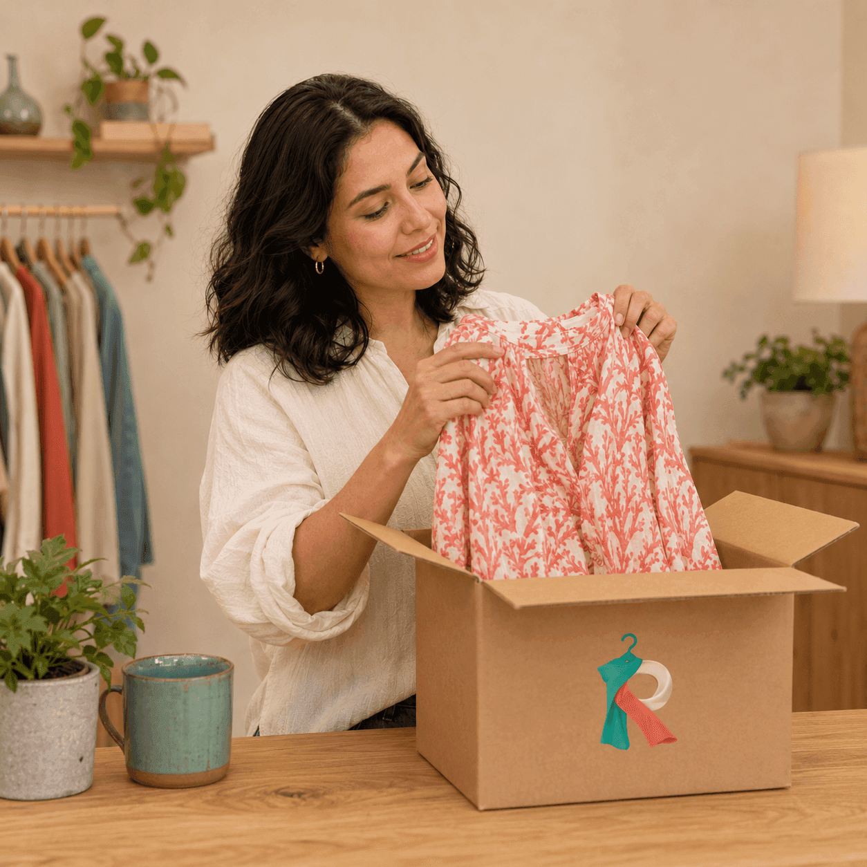 Mujer recibiendo una blusa coral estampada en una caja con el isotipo de Revistto.