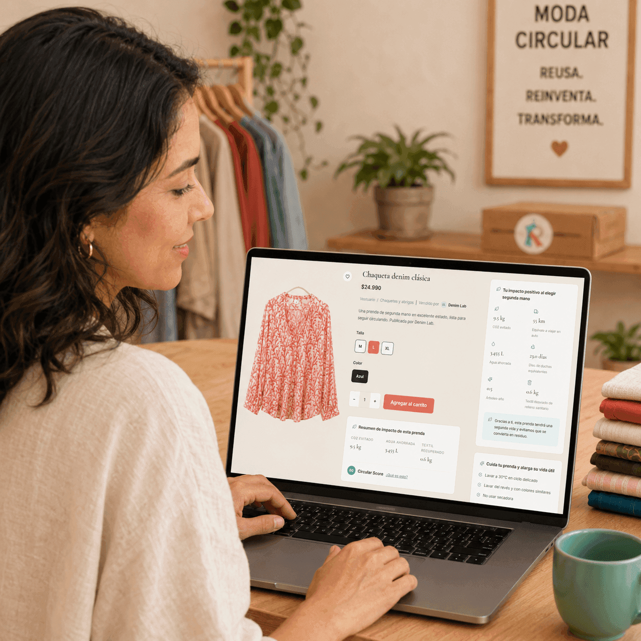 Mujer revisando la descripción, talla, estado e impacto de una blusa en Revistto.