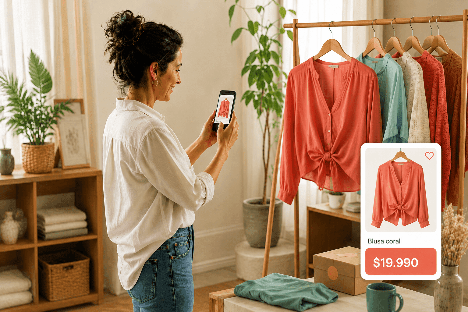 Emprendedora fotografiando una prenda con su teléfono para publicarla y venderla mediante Revistto